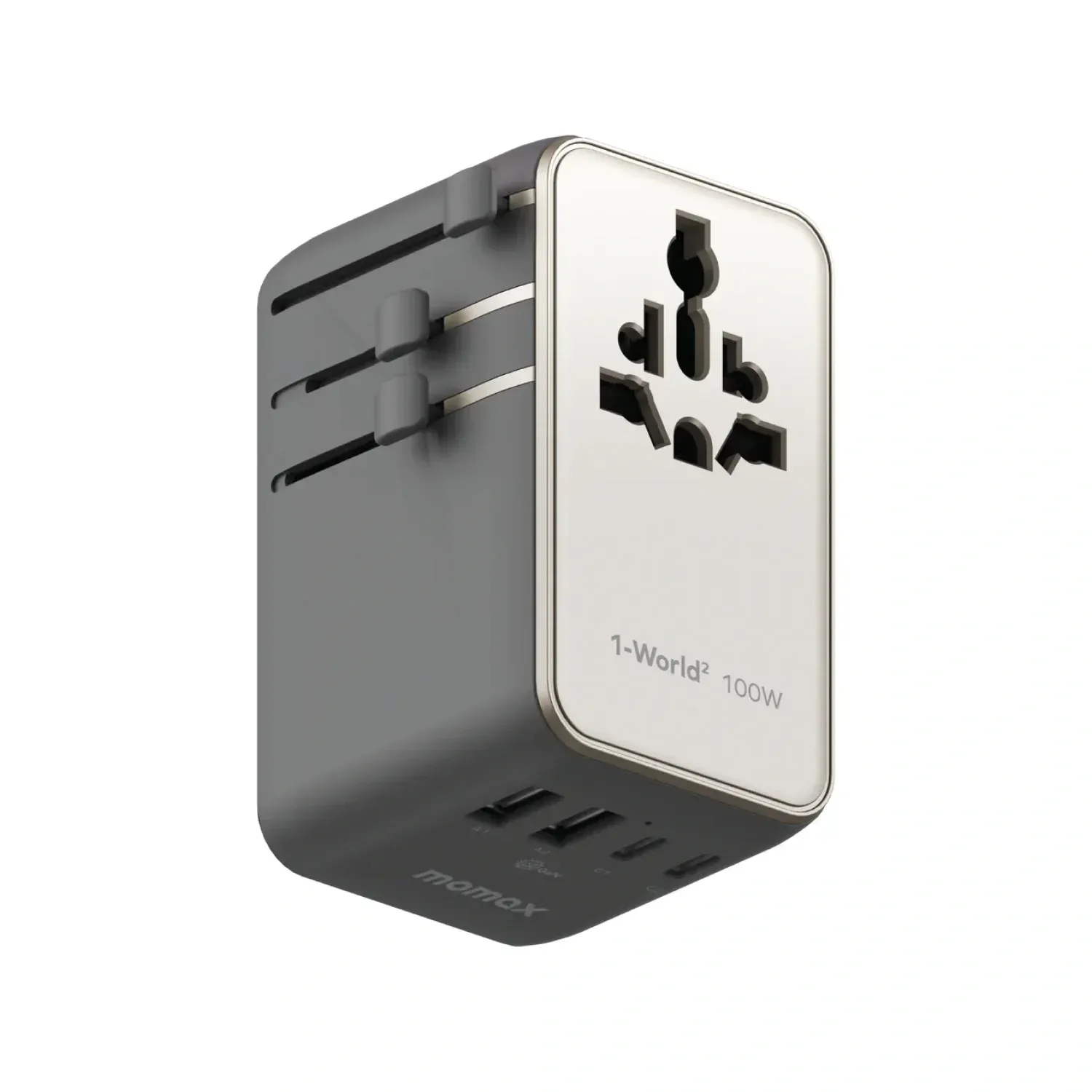 Momax UA23L 100W GaN 4-Port + Dual AC Travel Adapter, Titanium