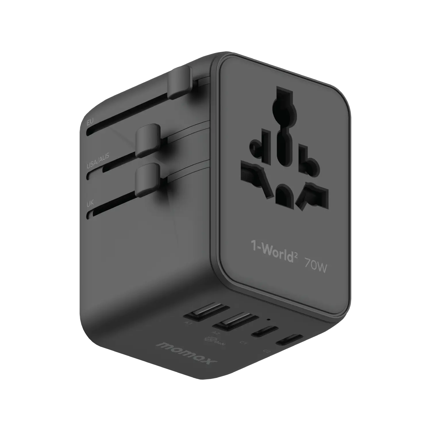 Momax 70W GaN 5-Port + Dual AC Travel Adapter, Black