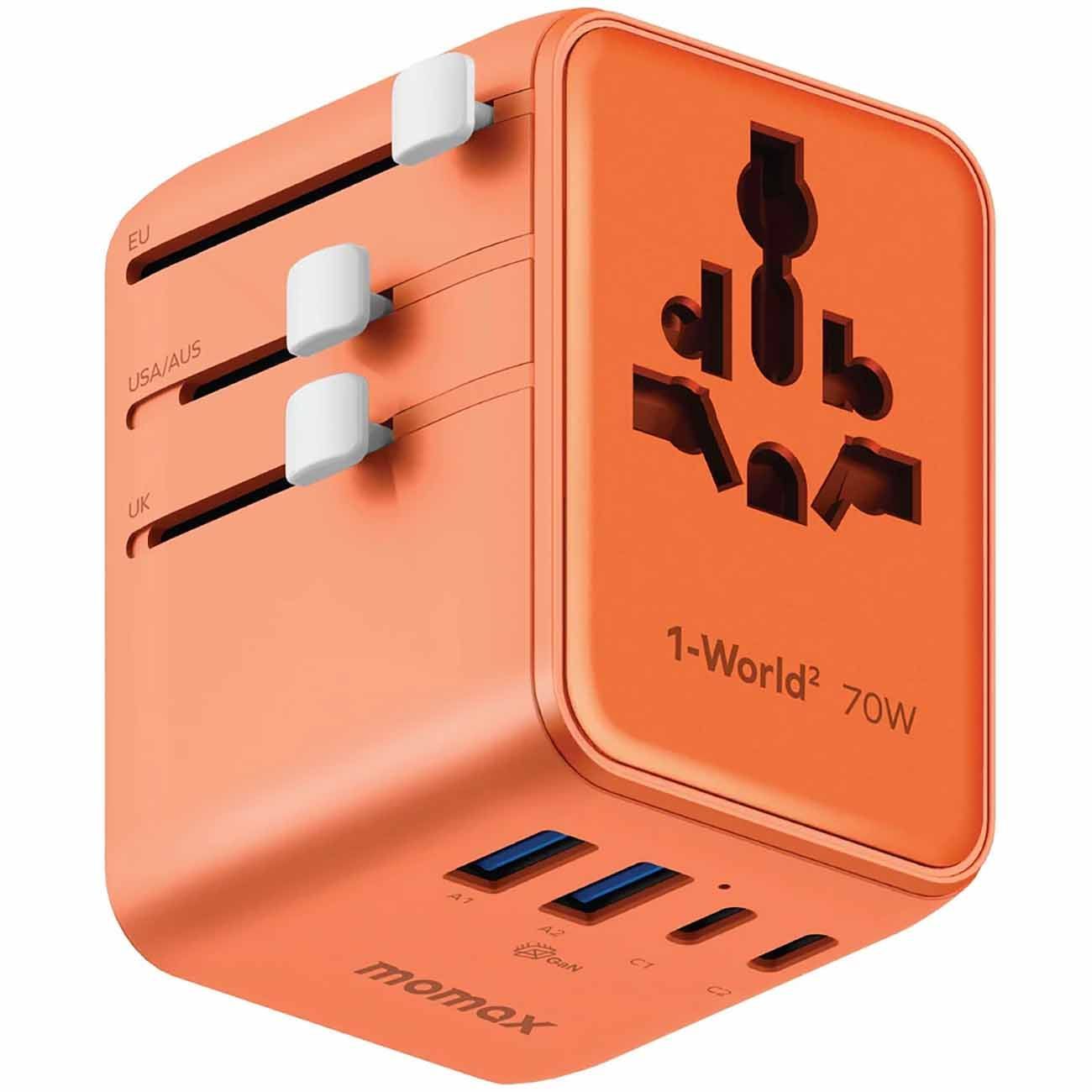 Momax 70W GaN 5-Port + Dual AC Travel Adapter, Orange