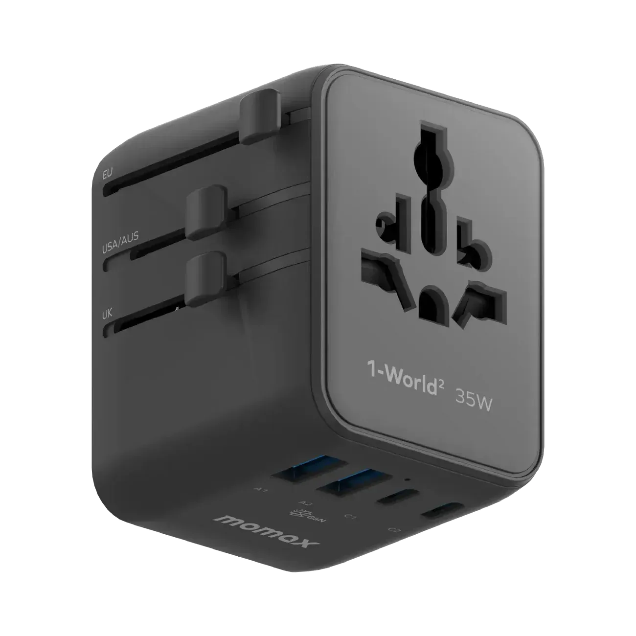 Momax UA27D 35W GaN 5-Port + Dual AC Travel Adapter, Black