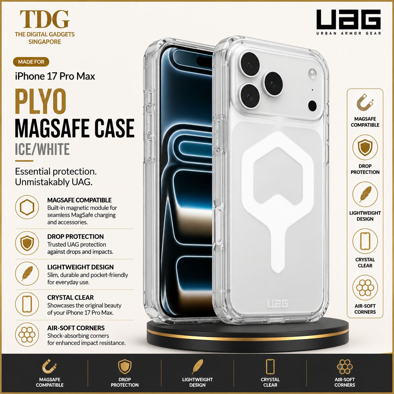 UAG iPhone 17 Pro Max Plyo MagSafe Case - Ice/White | UAG Singapore