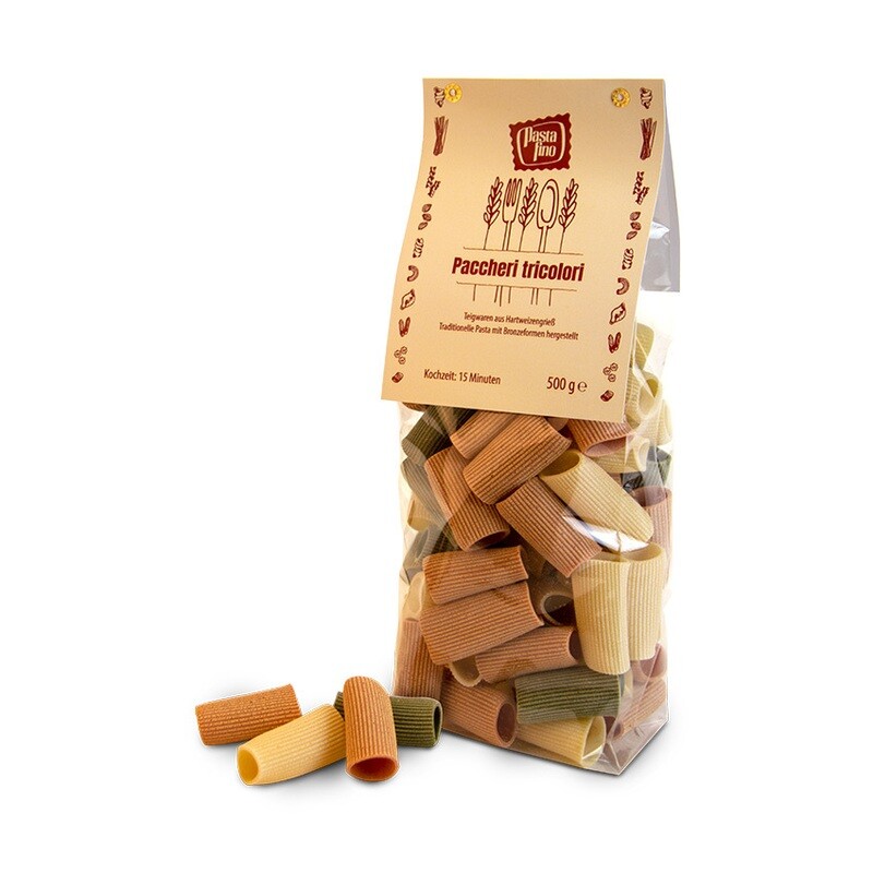 Traditionelle, italienische Pasta Paccheri &quot;tricolori&quot; - aus Hartweizengrieß (100g/1,00€)