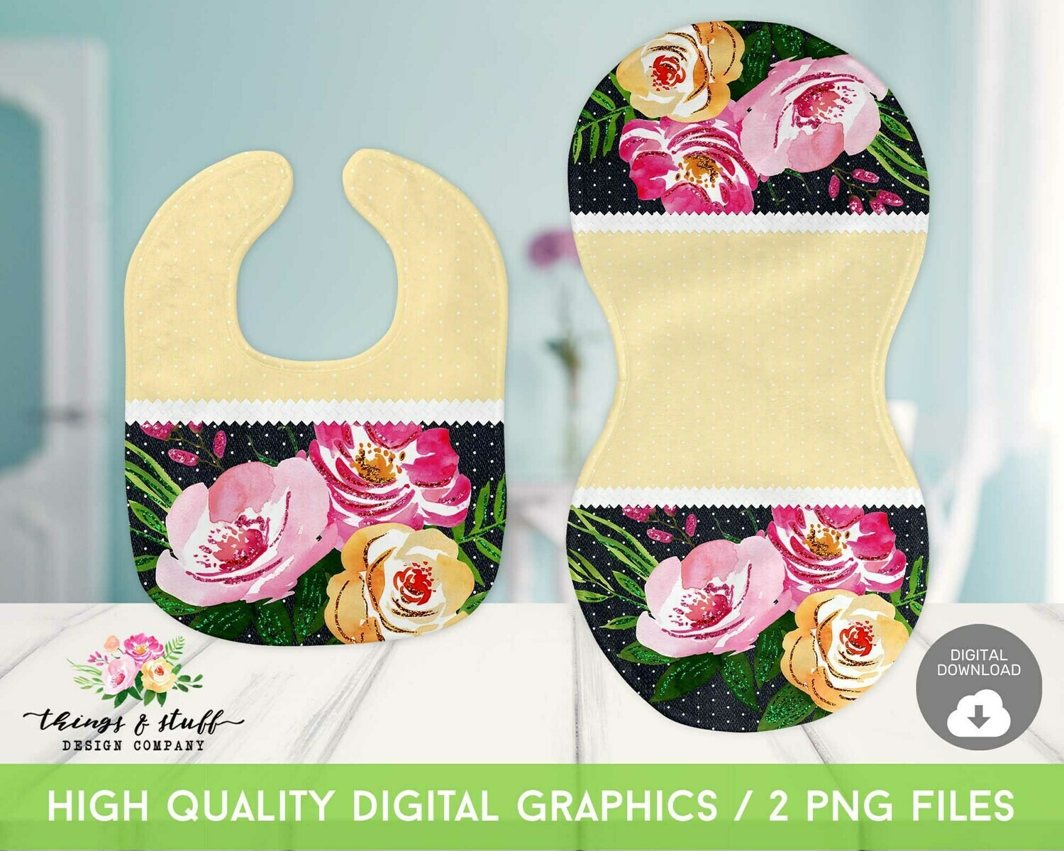 Yellow Floral Bib &amp; Burp Cloth Digital Design