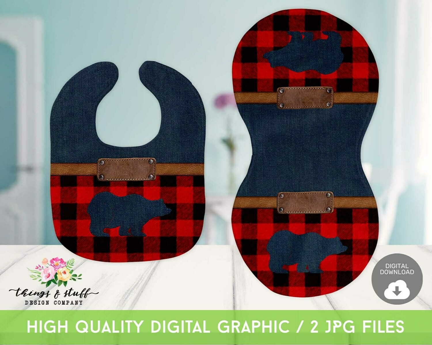 Western Plaid Bear Bib &amp; Burp Cloth Digital Design