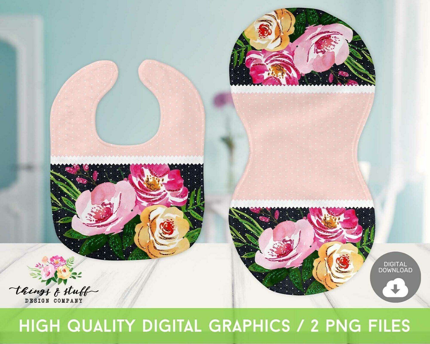 Pink Floral Bib &amp; Burp Cloth Digital Design Template
