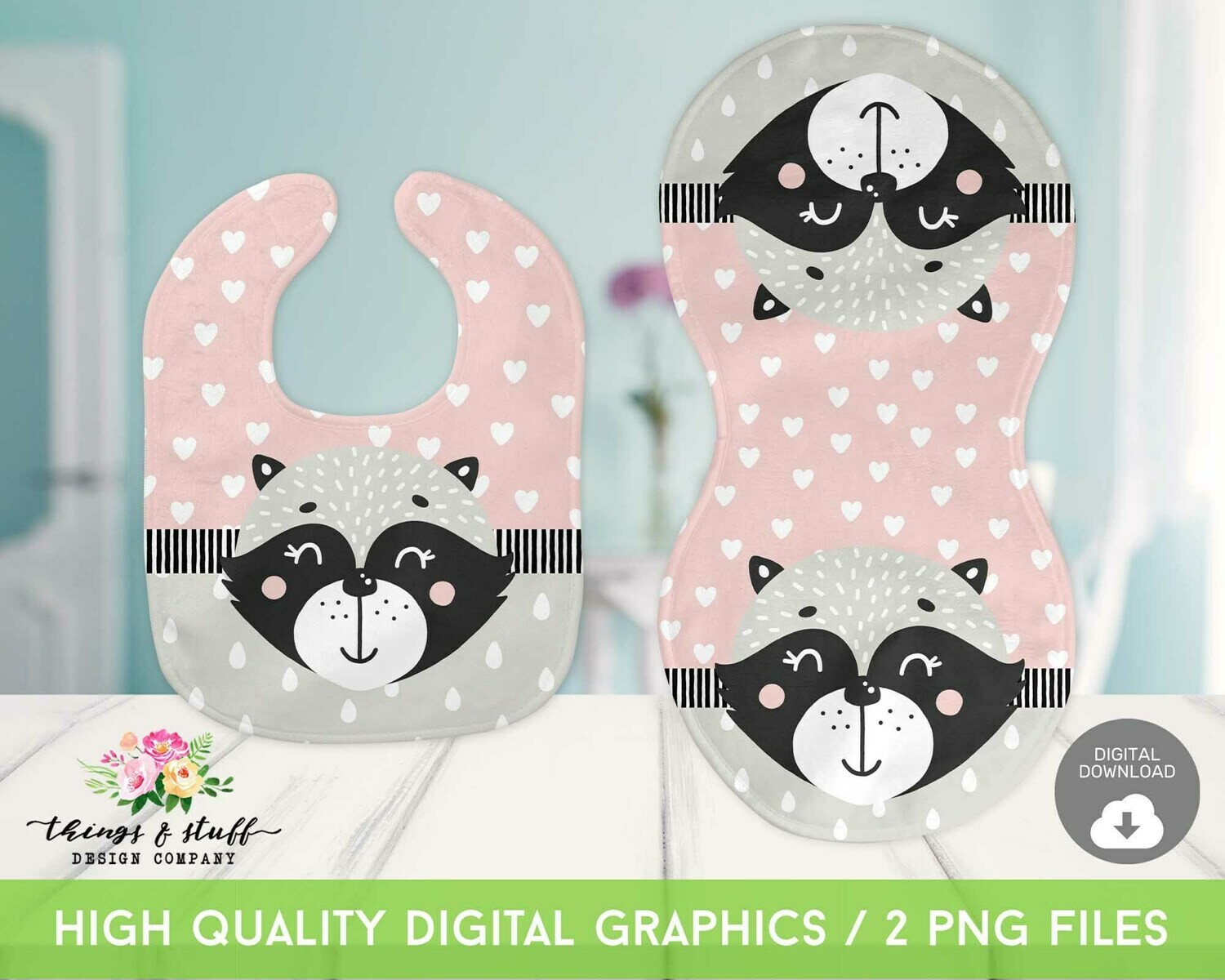 Pink Gray Raccoon Heart Bib &amp; Burp Cloth Digital Design Template