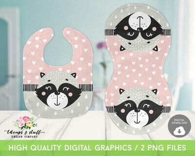 Pink Gray Raccoon Heart Bib &amp; Burp Cloth Digital Design Template