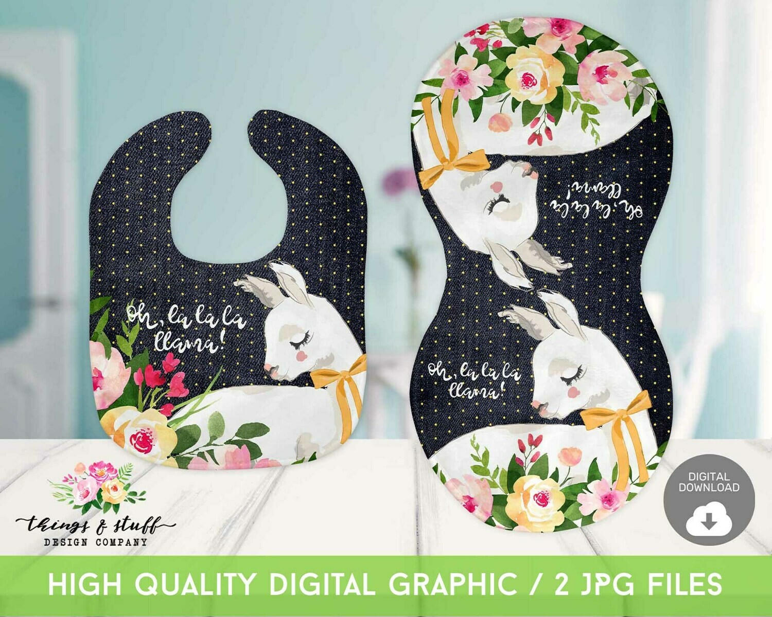 Llama Jean Flower Bib &amp; Burp Cloth Digital Design Template
