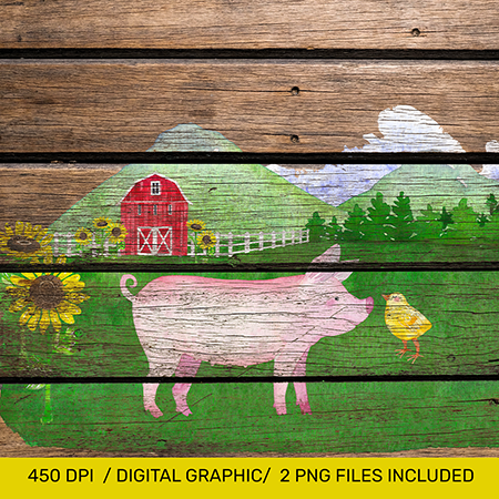 Rustic Farm Pig Scene Digital Design