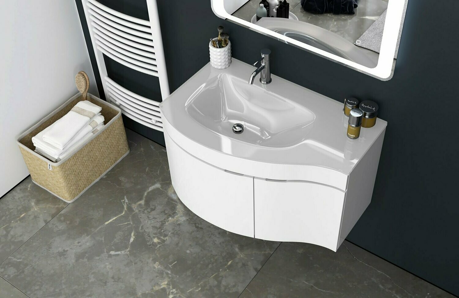 Mobile Lavabo Sospeso 80 Cm.Mobile Bagno Sospeso 80cm Lavabo In Cristallo Struttura A Doppia Anta E Specchio Colore Bianco