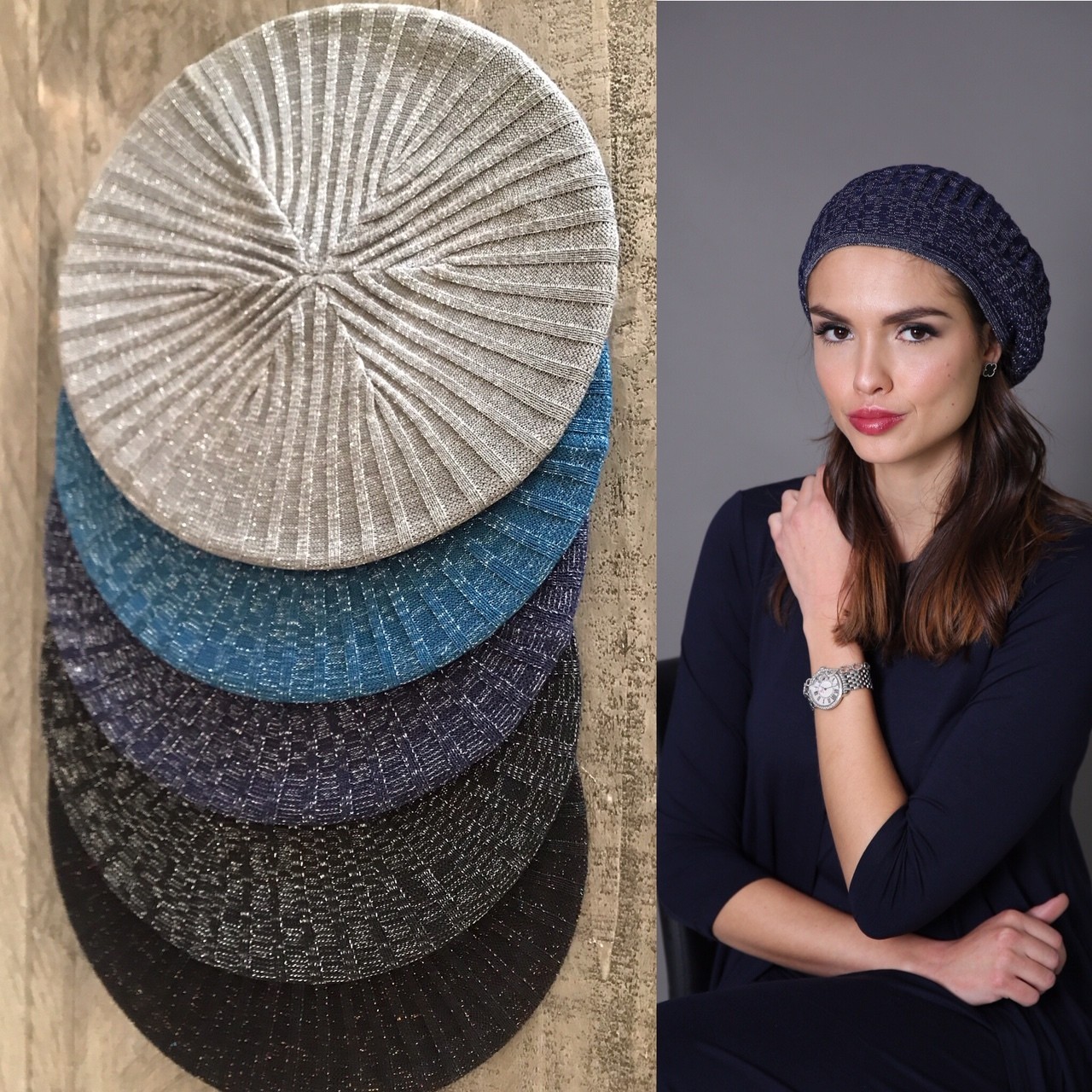 Gray lightweight lined beret/snood w/ silver sparkle