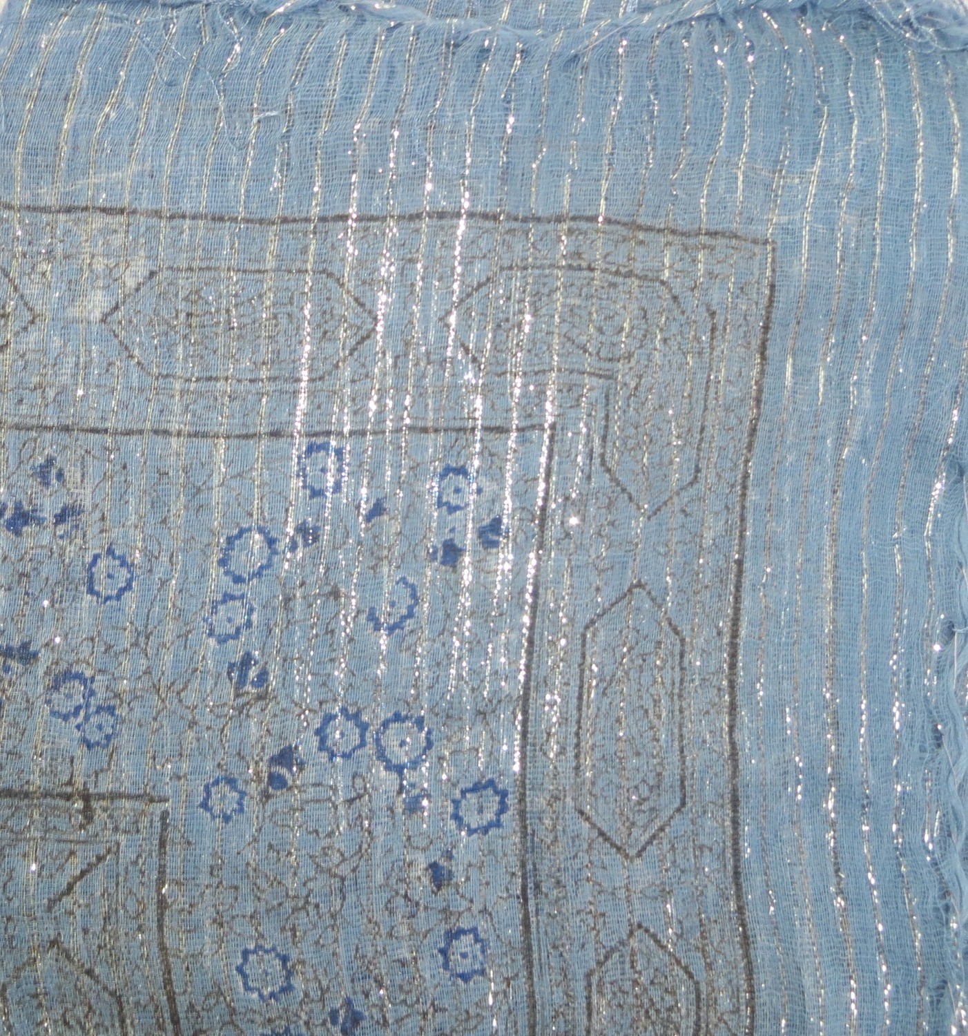 Denim blue lurex tichel with blue berry flowers
