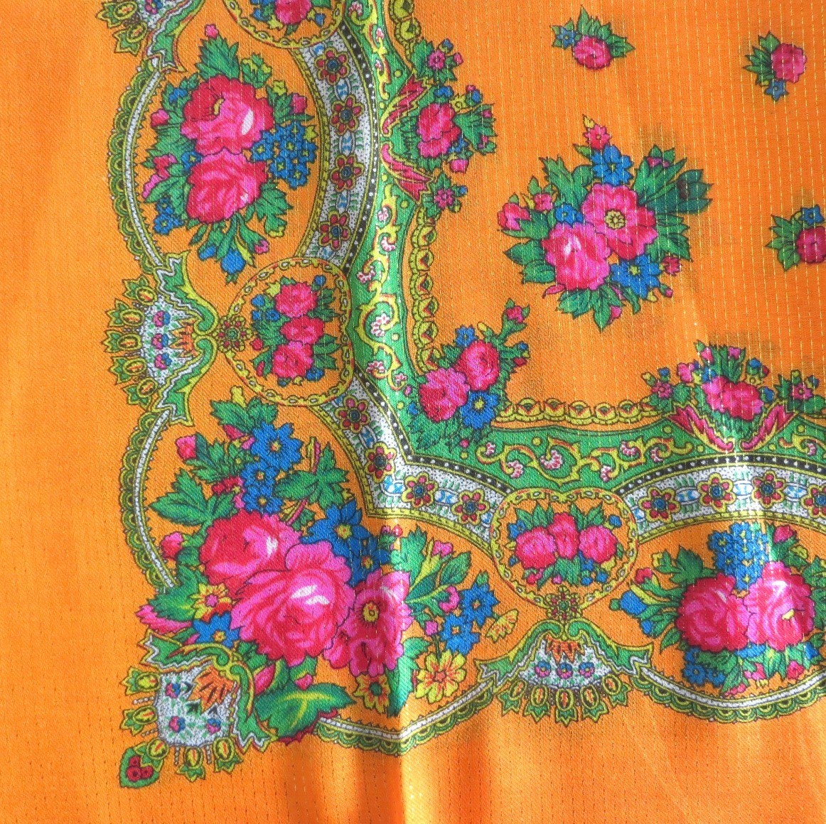Bright orange vintage tichel with gold threads