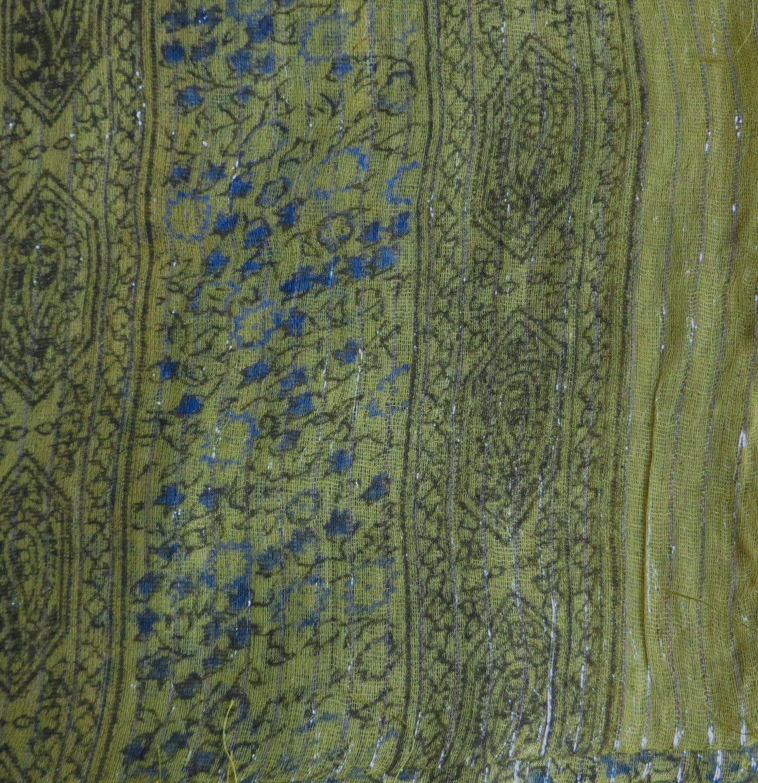 Olive green/gold #4 lurex tichel with blue berry flowers