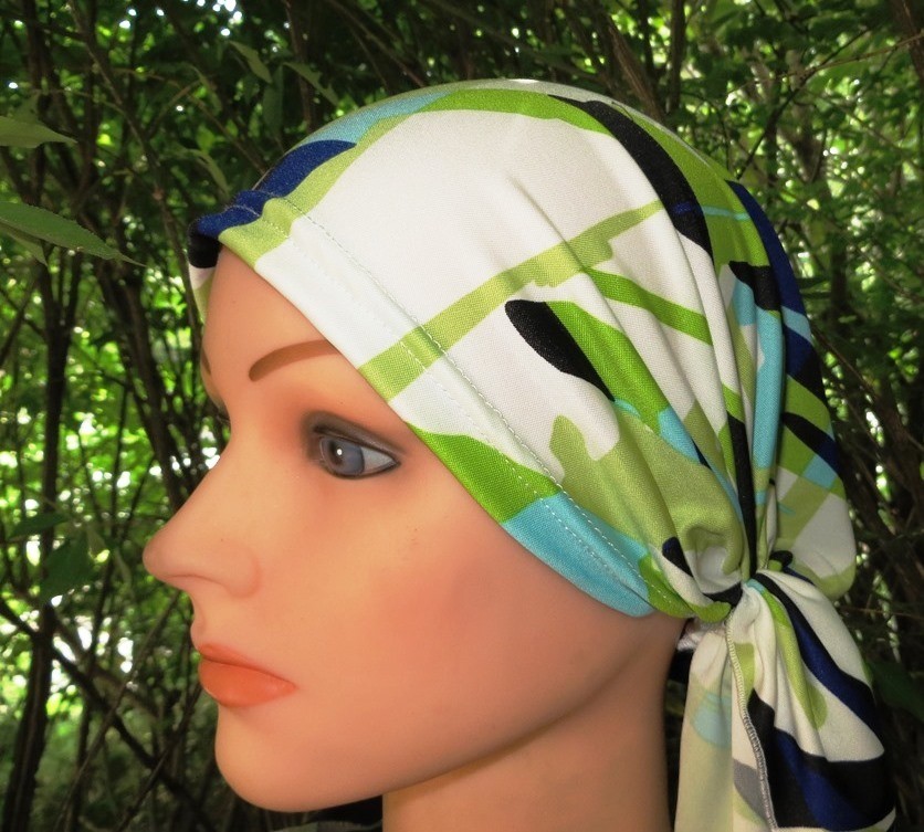 White and green stretchy pre tied tichel