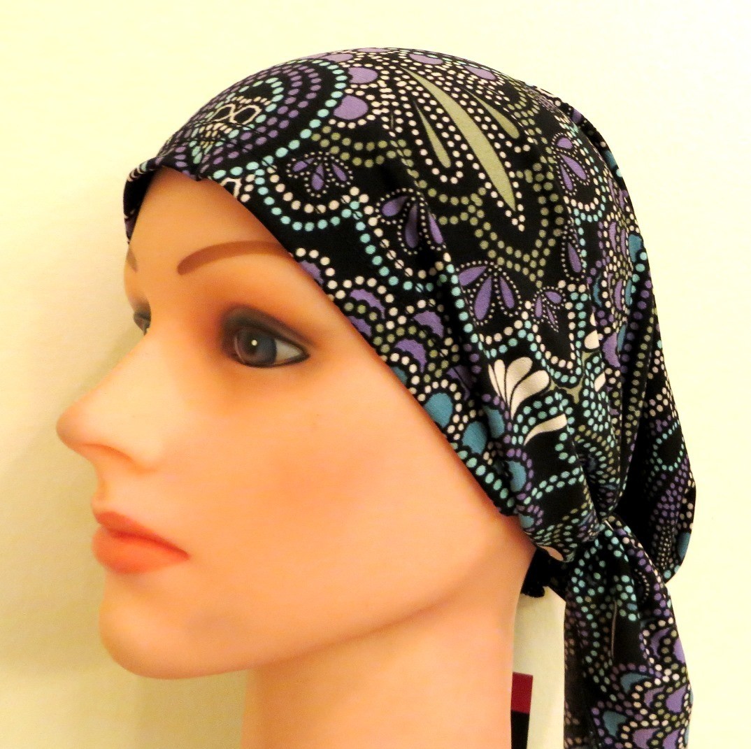 Black patterned stretchy pre tied tichel