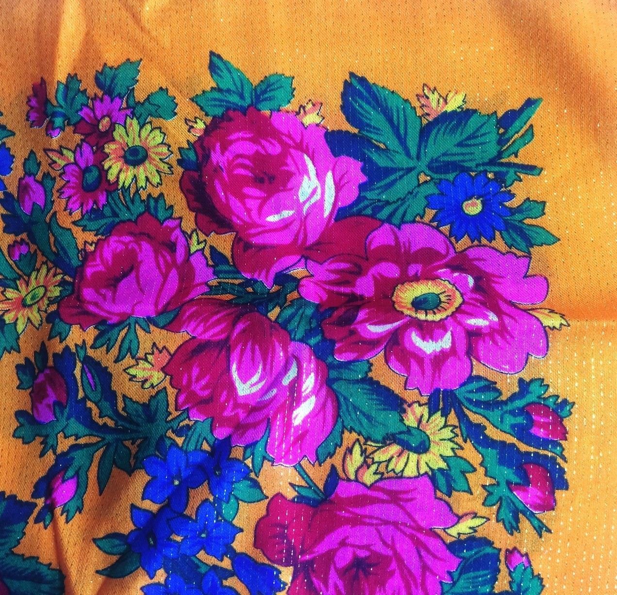Bright orange vintage tichel with gold threads