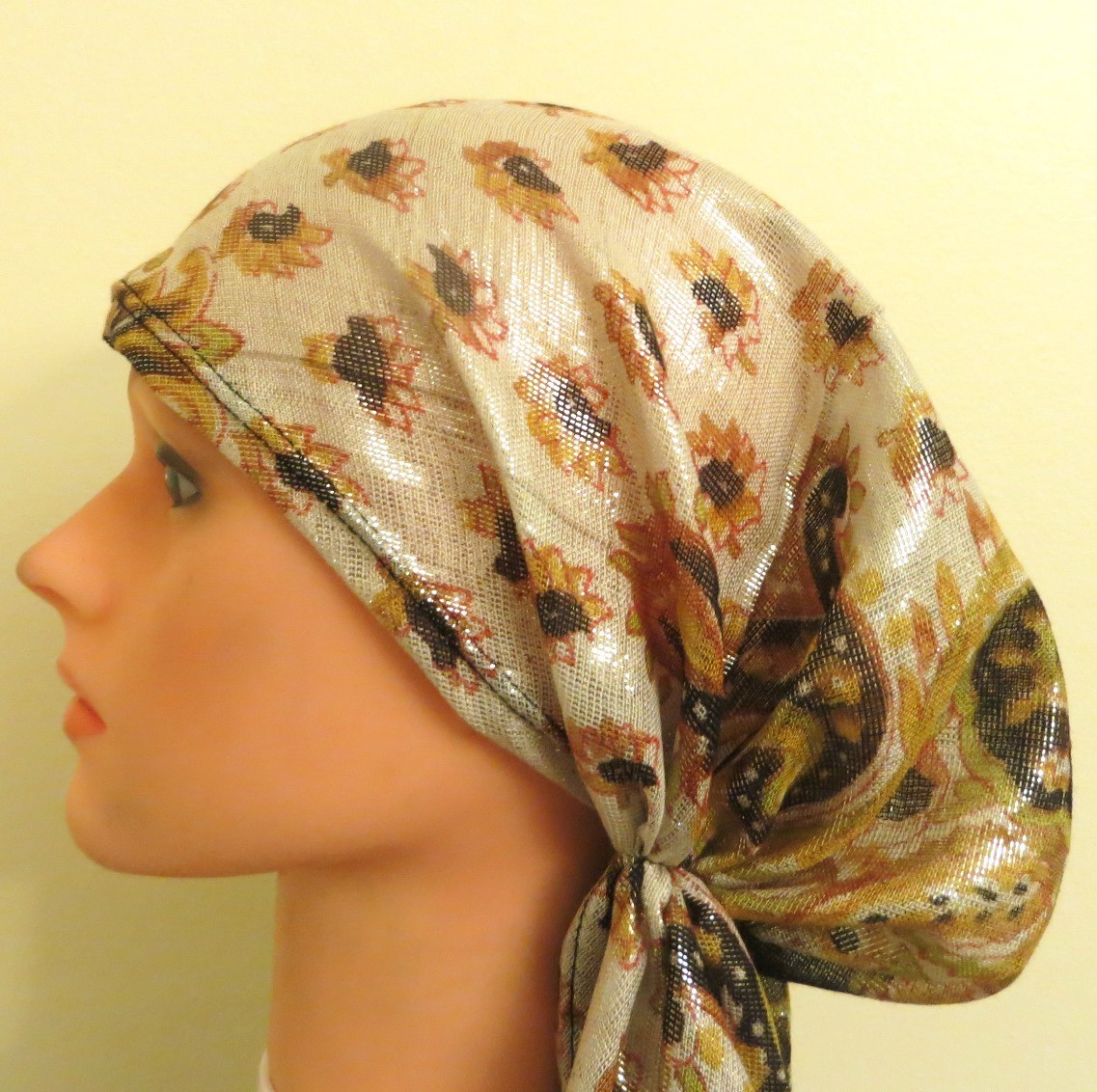 Brown and white shimmering pre tied tichel