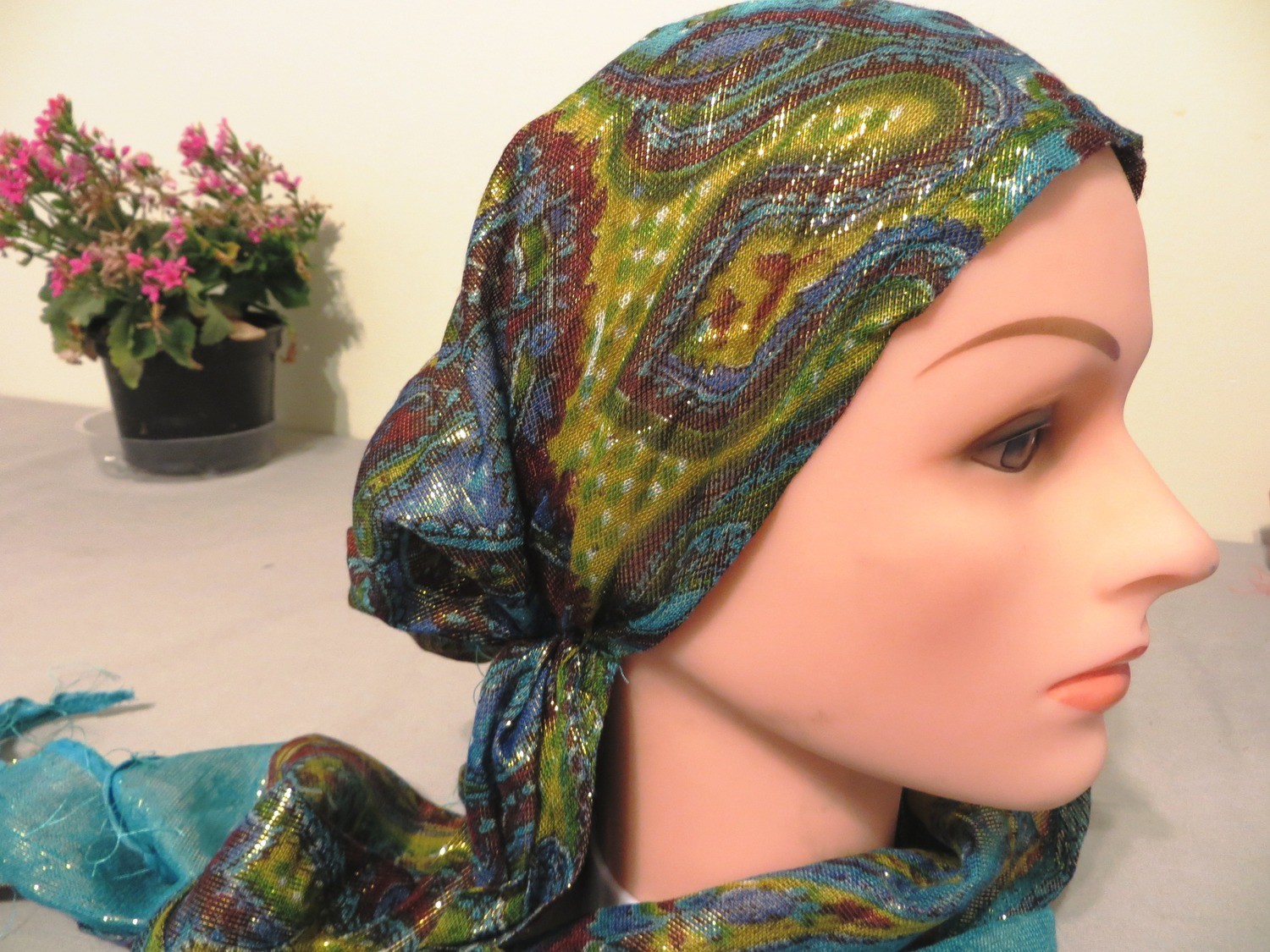 Shimmering pre tied tichel blue