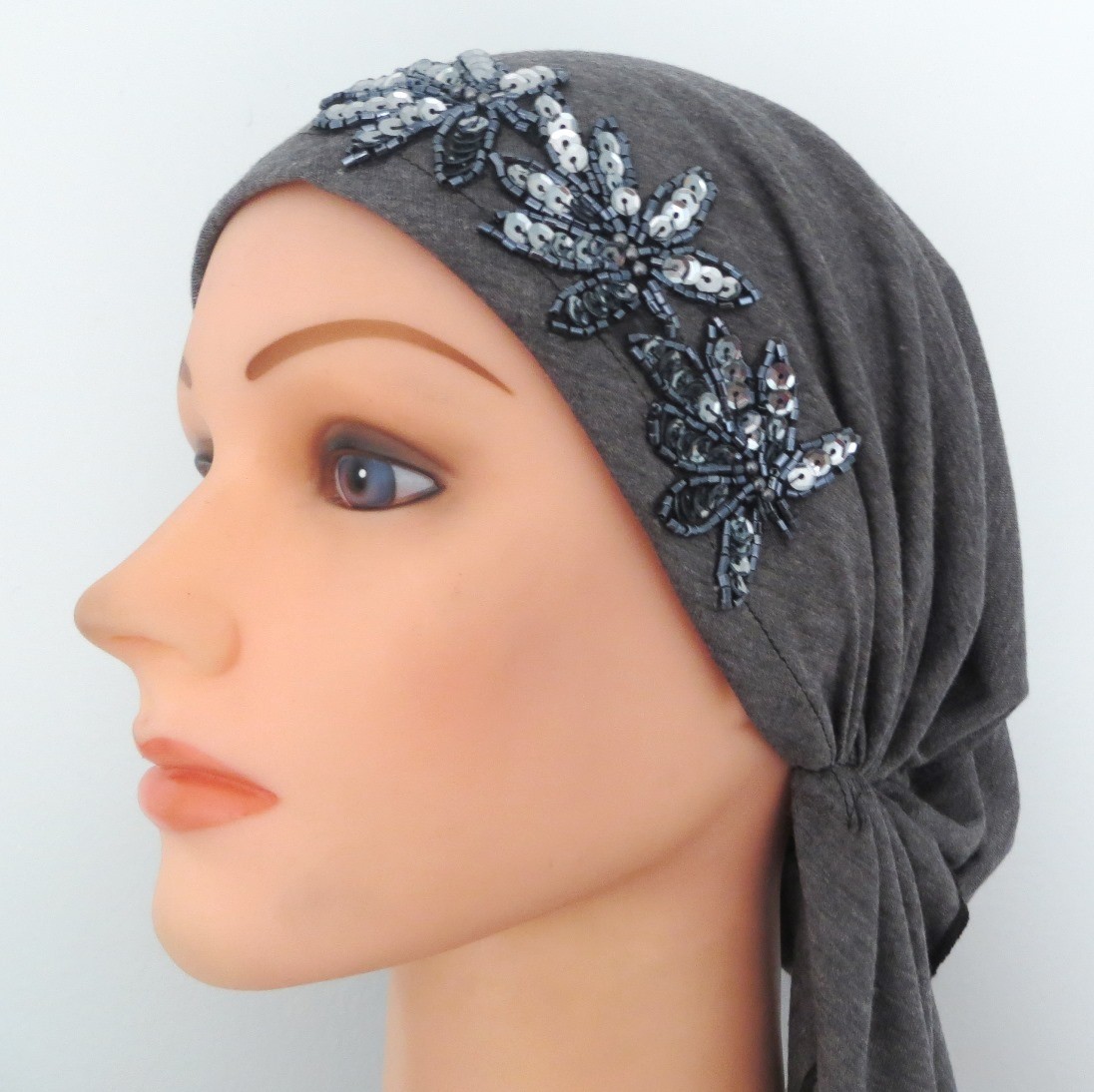 Gray with applique pre-tied tichel