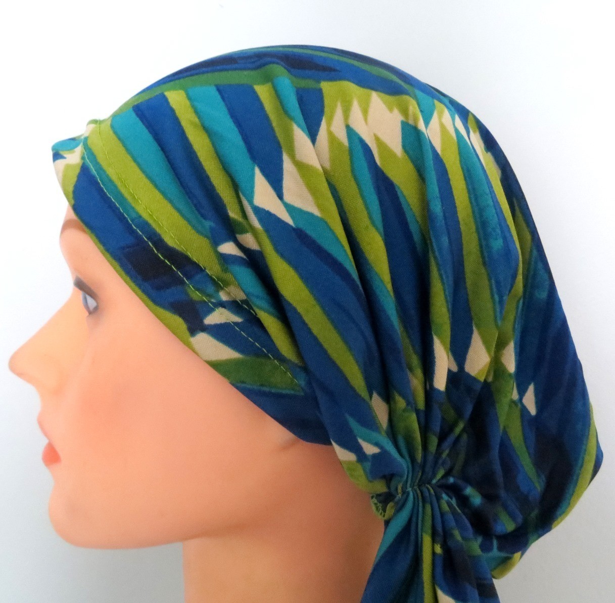 Blue and green stretchy pre-tied tichel headcovering