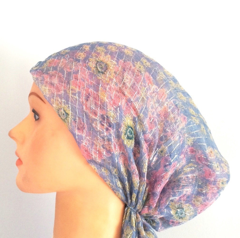 Light blue with flowers lurex pre tied tichel
