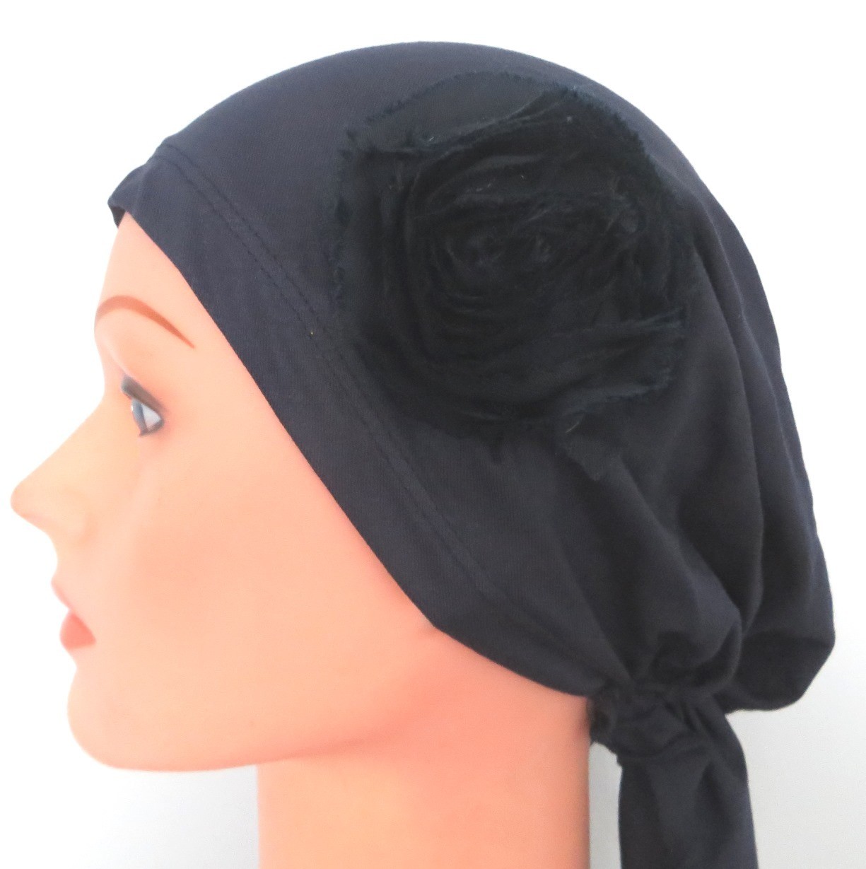 Navy pre-tied tichel with pretty applique