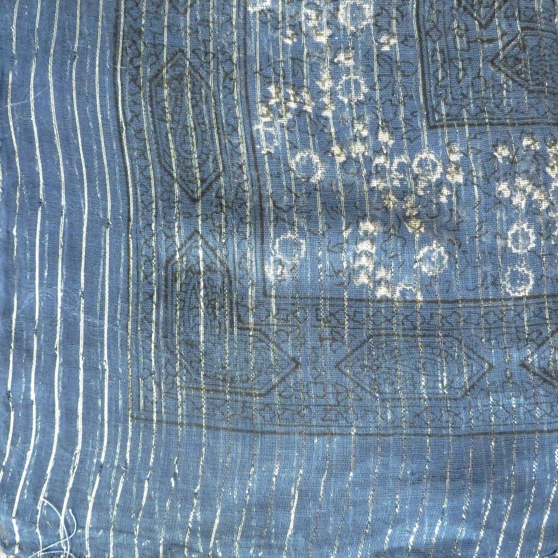 Denim blue lurex tichel with white berry flowers