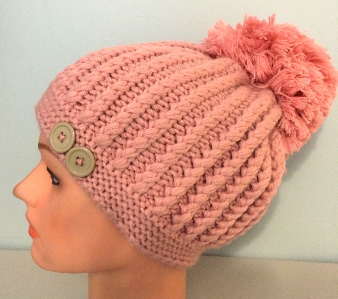 Dusty pink beret with extra large pom pom