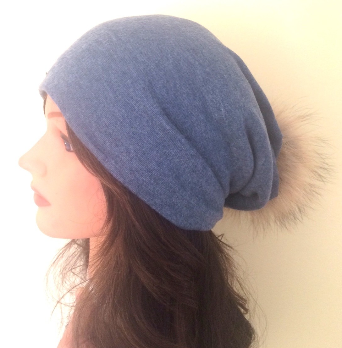 Denim Color Cotton Beanie With fur