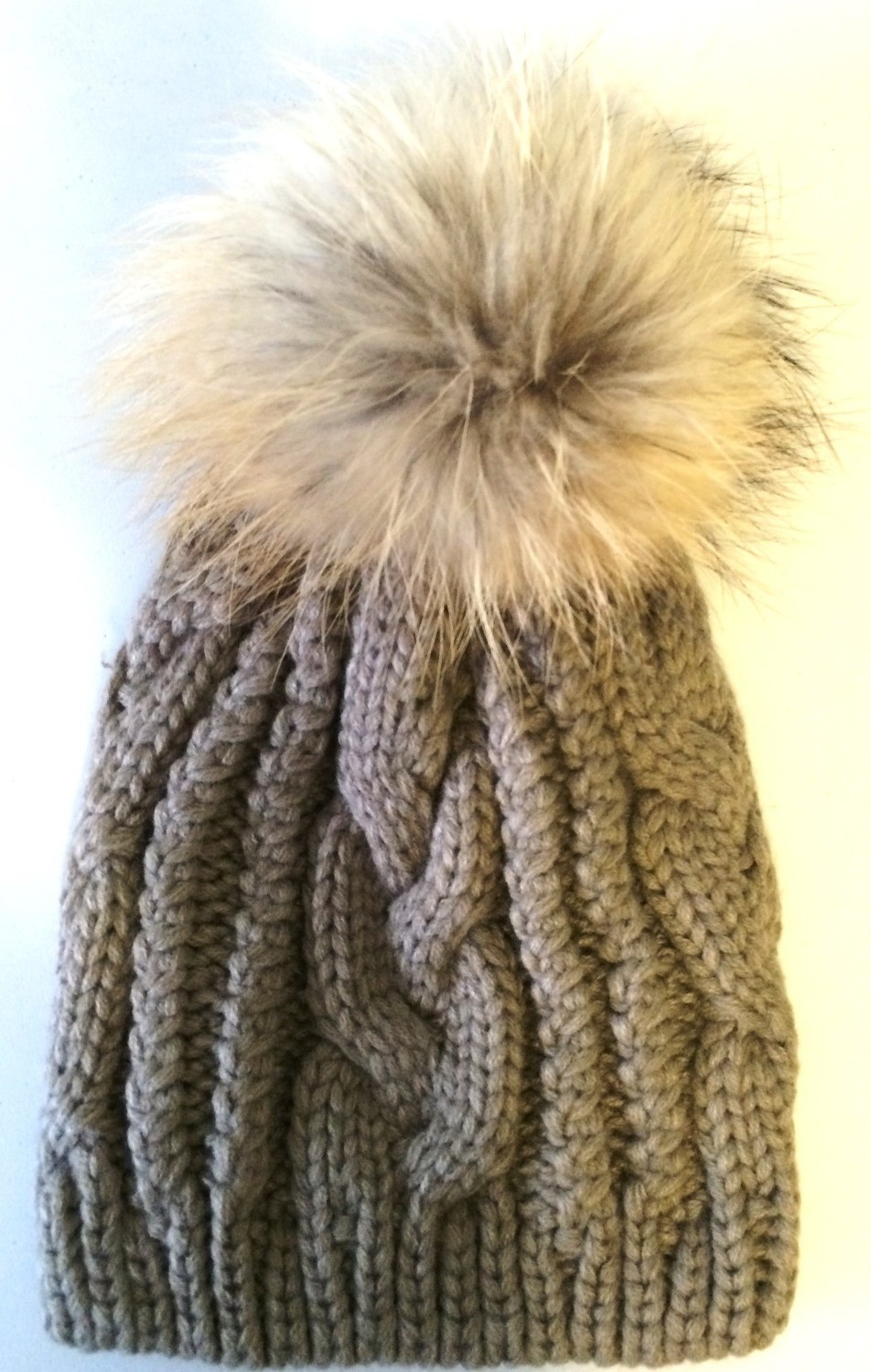 Sandy brown cable knit fur pom pom hat