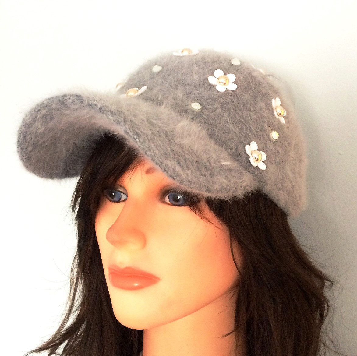 Light gray furry bejeweled cap