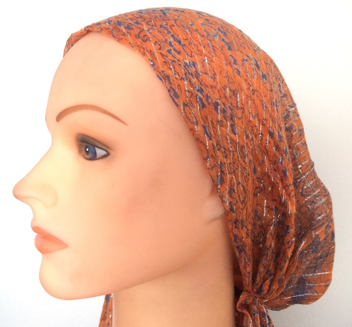 Orange with blue pattern lurex pre tied tichel