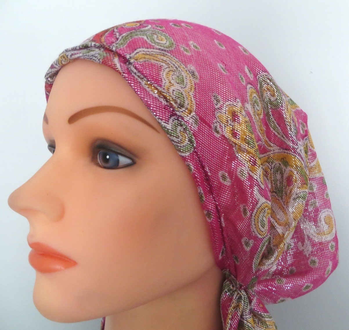 Pink paisley shimmering pretied tichel