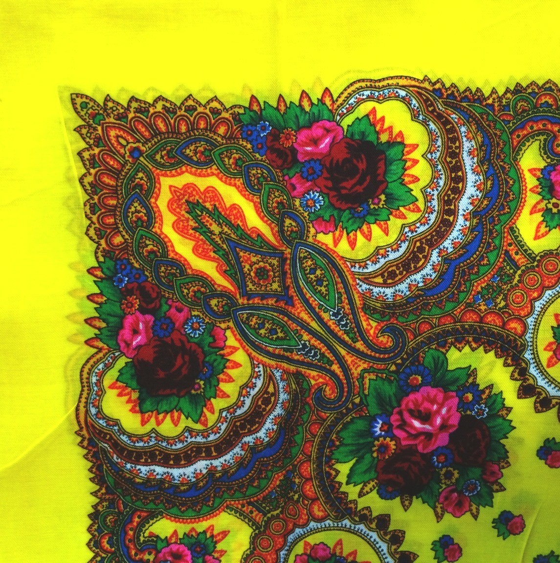 Bright yellow vintage tichel with paisley pattern