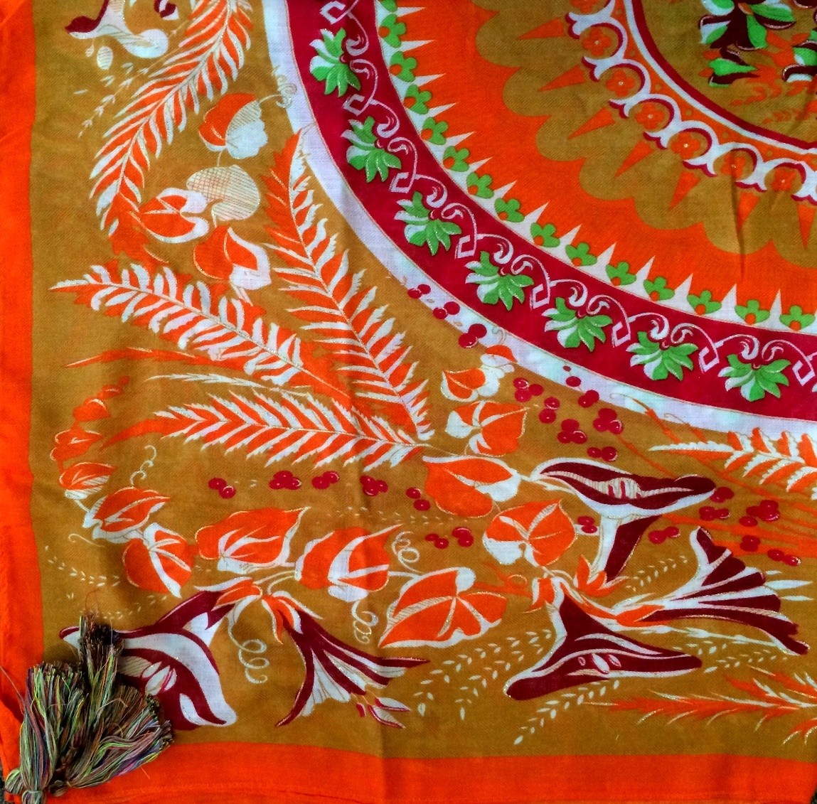 Orange creamsicle soft tichel with floral pattern