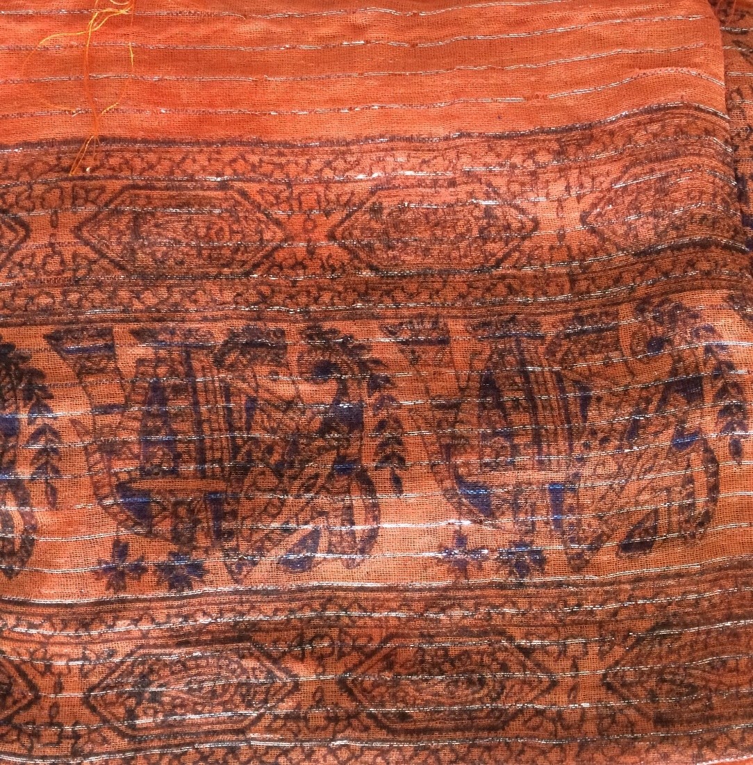 Bright orange patterned lurex tichel