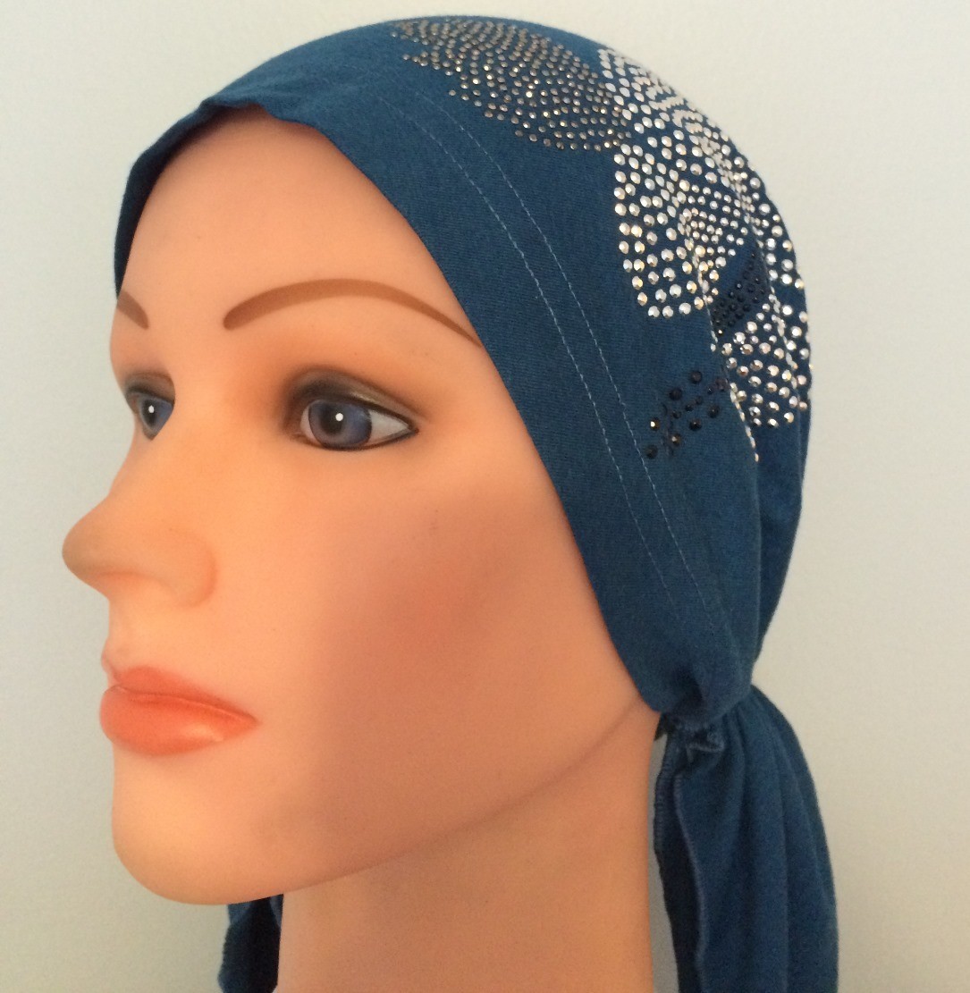 Teal pre tied tichel with applique