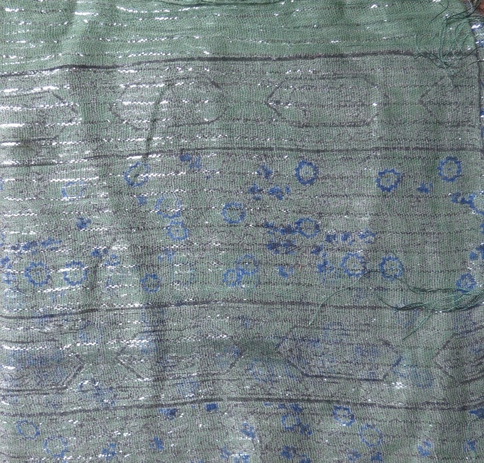 Army green lurex tichel with blue berry flowers