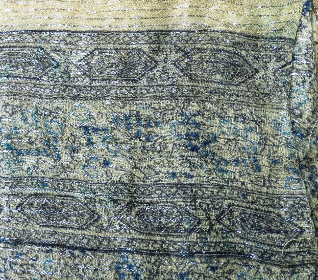 Mustard yellow lurex tichel with blue berry flowers