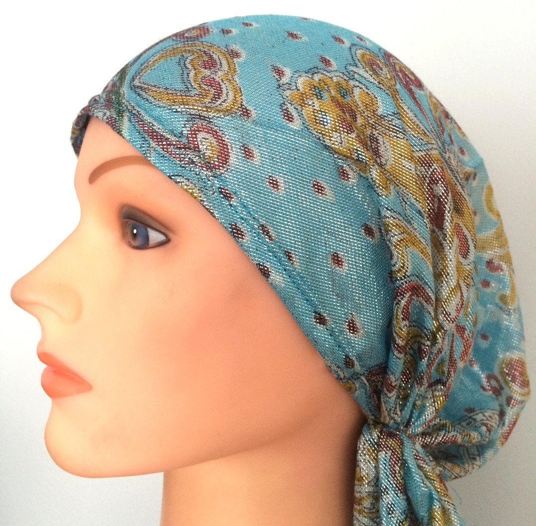 Light blue shimmer pre-tied tichel