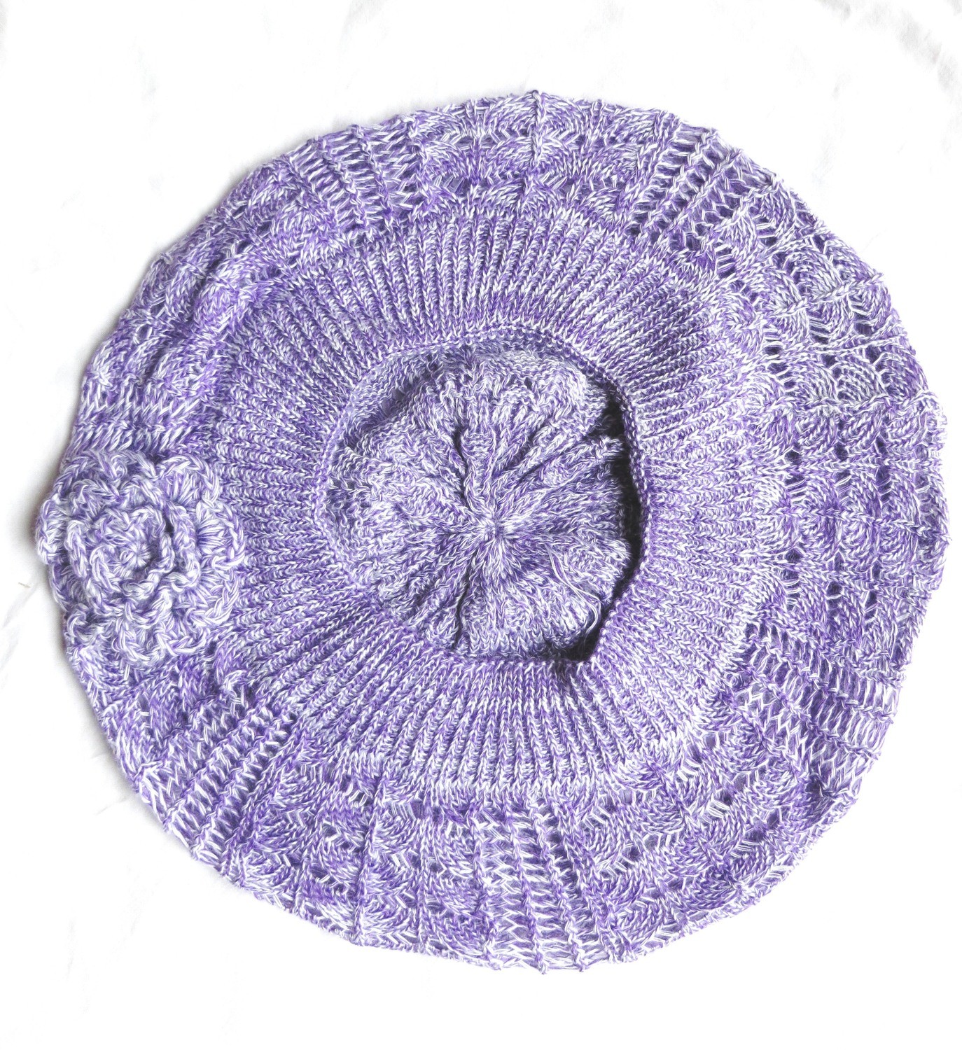 Lavender and white summer beret with flower