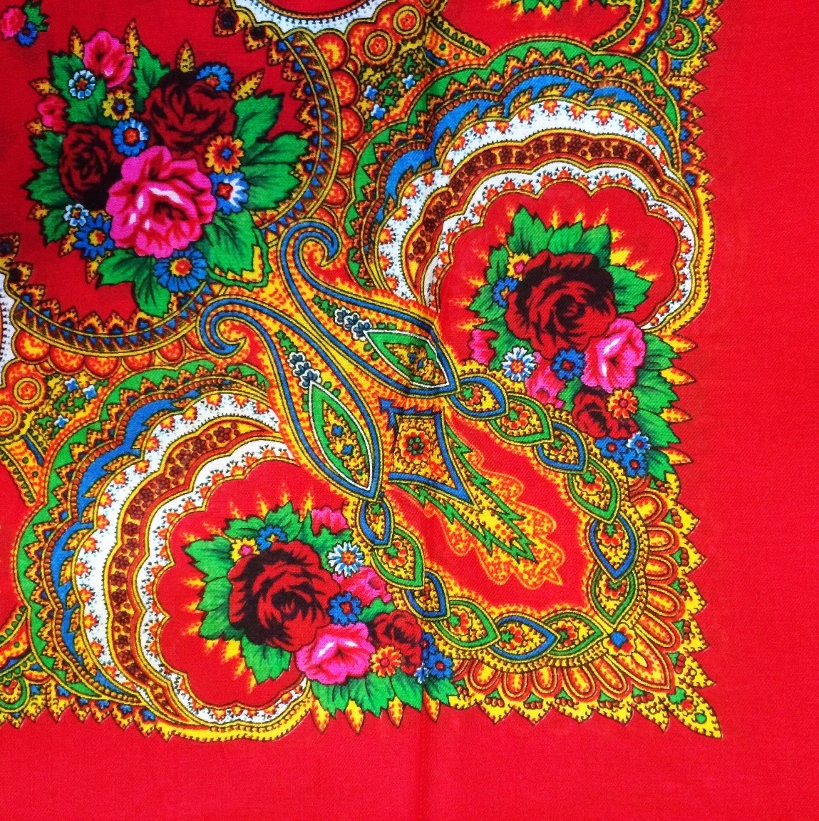 Bright red vintage tichel with paisley pattern