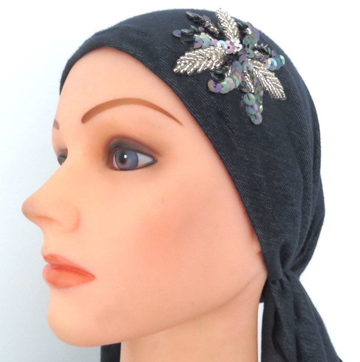Denim with applique pre-tied tichel