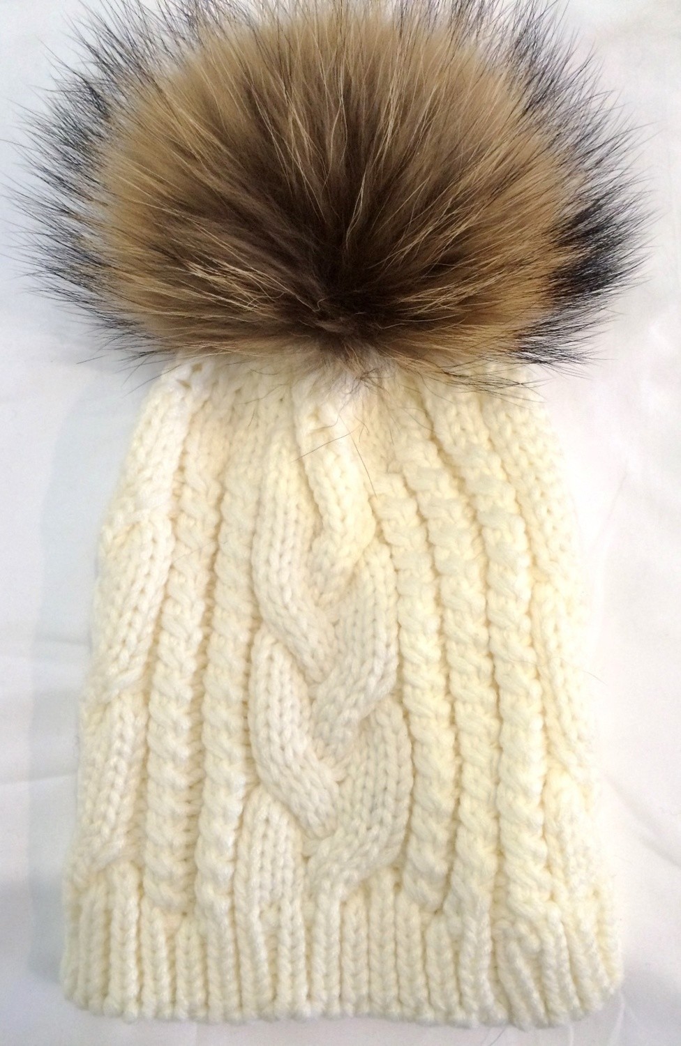 Cream cable knit fur pom pom hat