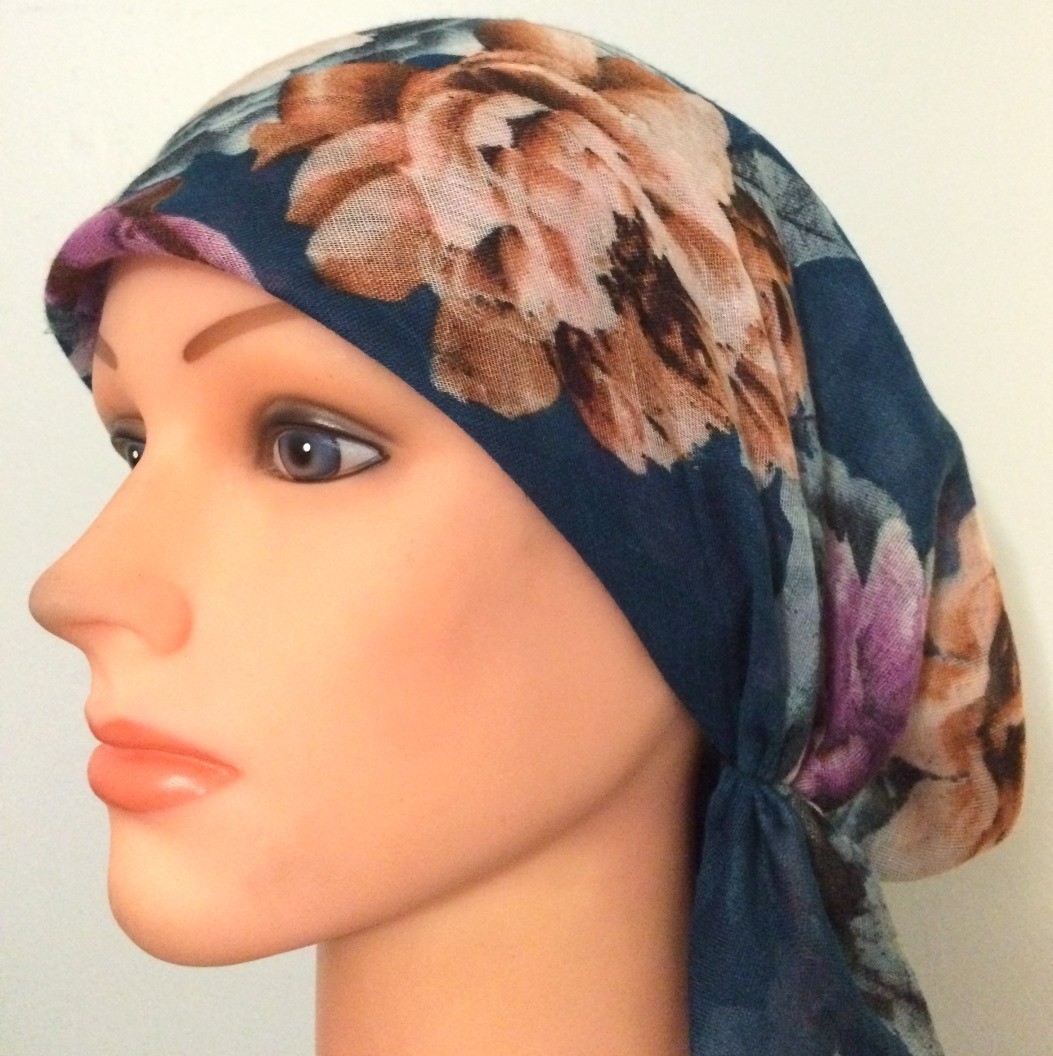 Teal big flowers pretied tichel