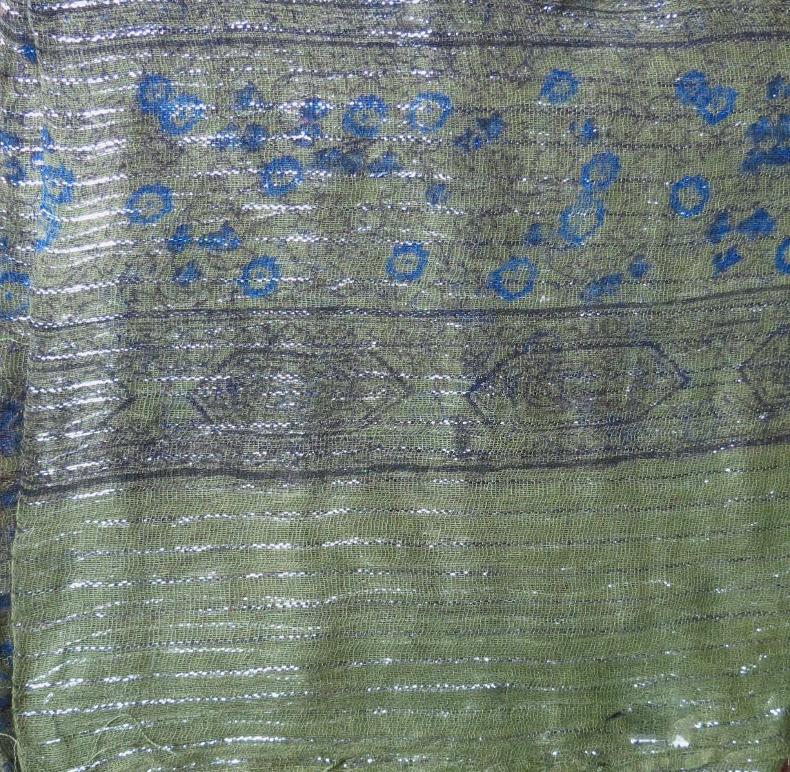 Olive green lurex tichel with blue berry flowers