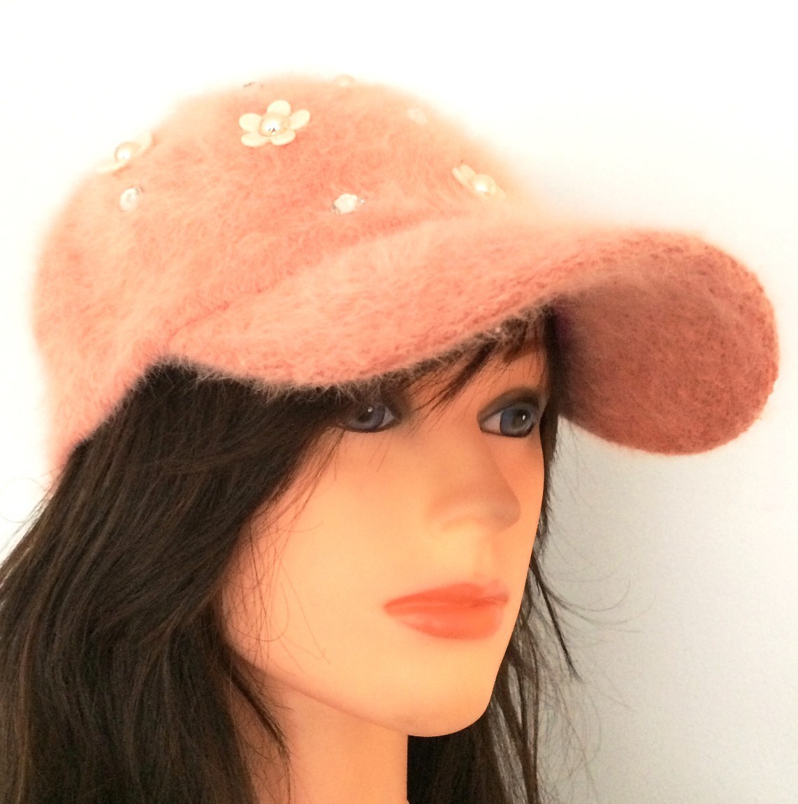 Peachy pink furry bejeweled cap