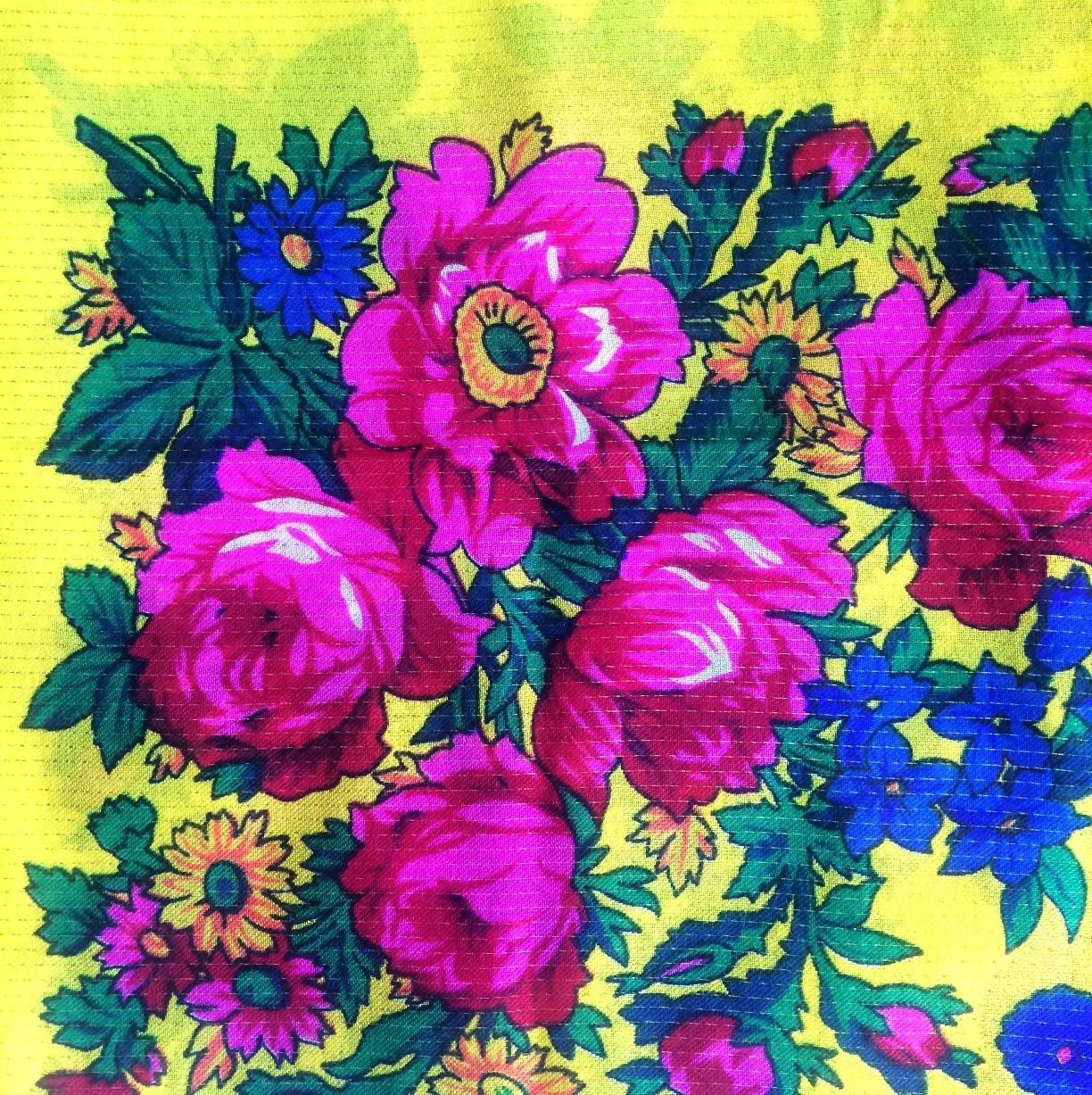 Bright yellow vintage tichel with gold threads