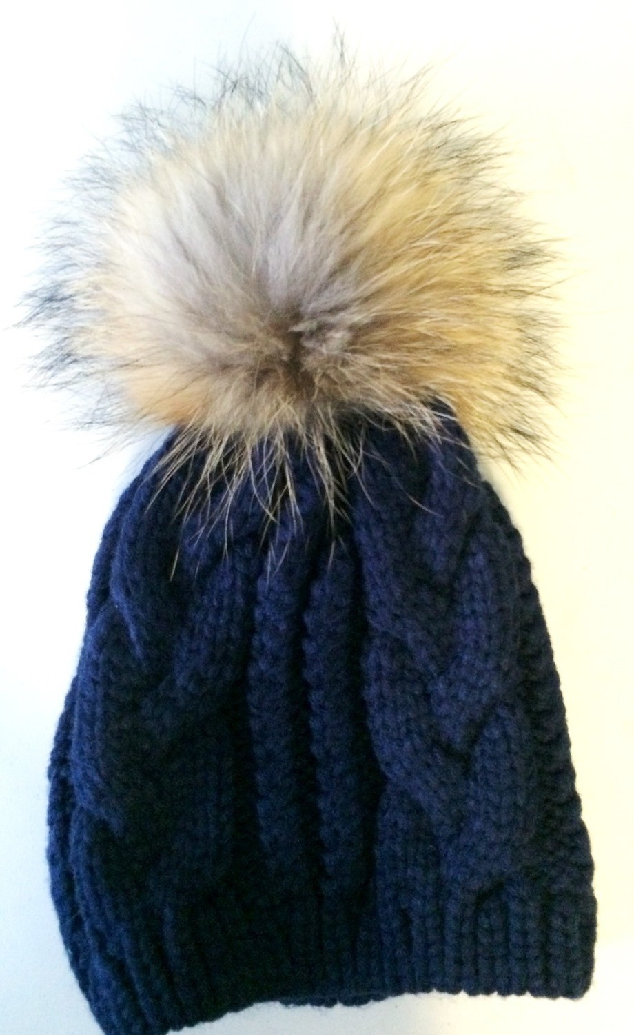 Navy cable knit fur pom pom hat